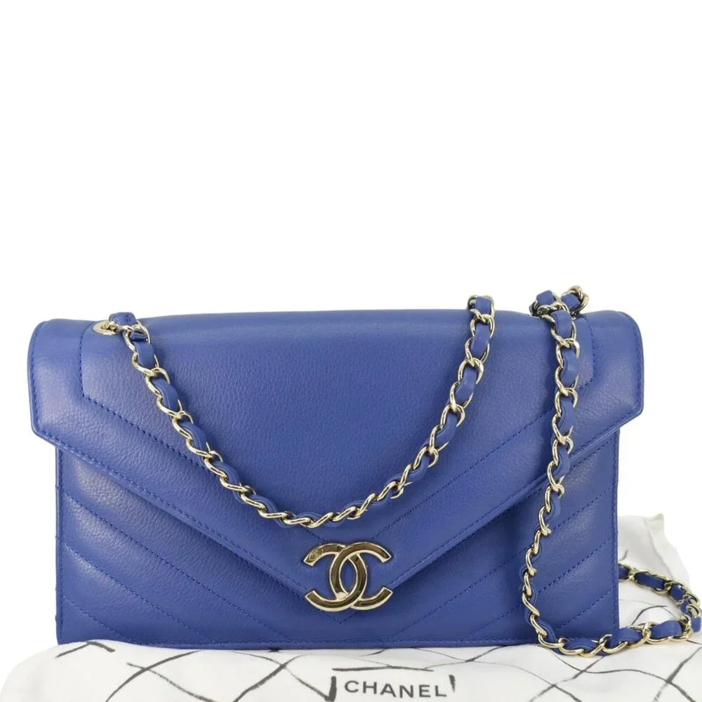 Chanel Coco Envelope Flap Quilted Chevron Leather Crossbody Bag Blue - Picture 3 of 13